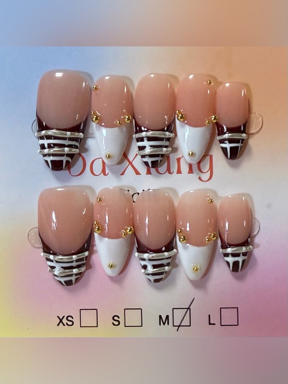 Nude Pink & White Gel Press-On Nails with Gold Accents